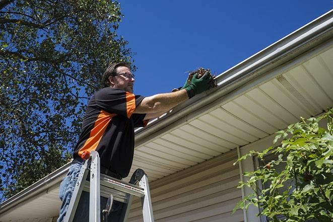 a roofer repairing a damaged gutter on a house in Buchanan